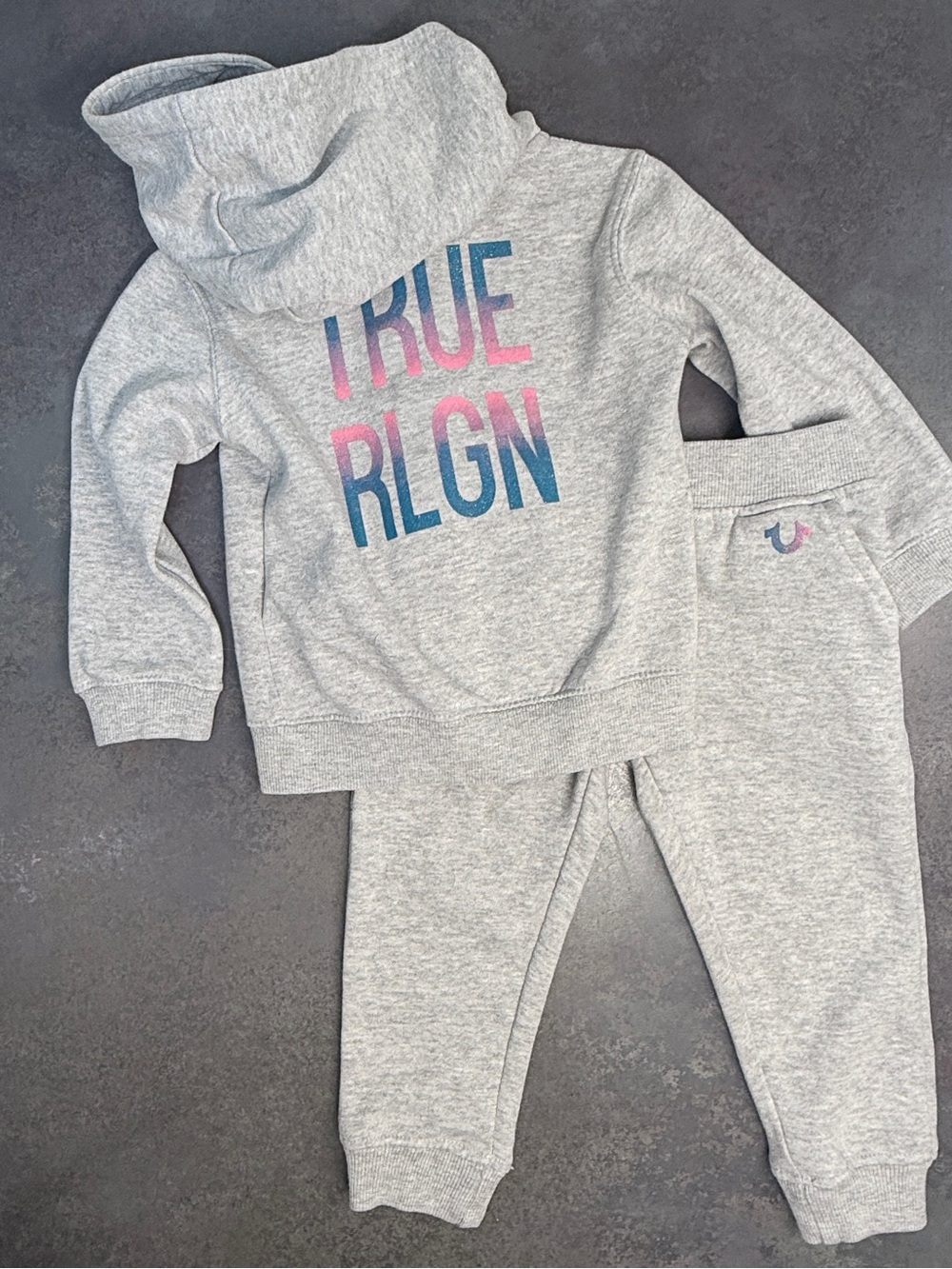 True Religion Gray Hoodie Jogger Set 24M Pink Blue TRUE RLGN Logo Tracksuit